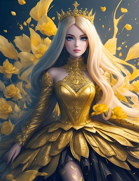 تصویرسازی دیجیتالی پرتره باربی لوکس با موهای بلند و گل‌های طلایی