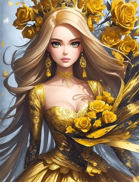 تصویرسازی دیجیتالی پرتره باربی لوکس با گل‌های طلایی