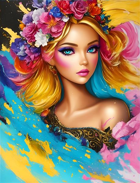 پوستر دیواری هنری باربی زیبا با موهای بلند و گلهای رنگارنگ