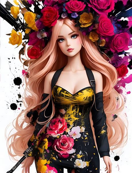 پوستر دیواری هنری تصویرسازی دیجیتالی باربی لوکس با گل صورتی در سبک فشن