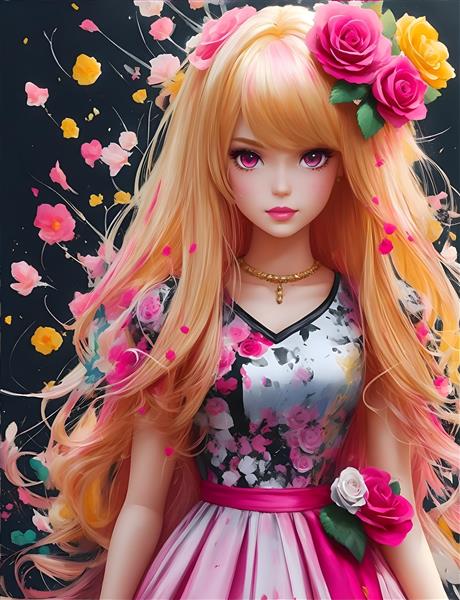 عروسک باربی با زمینه مشکی و گلهای صورتی