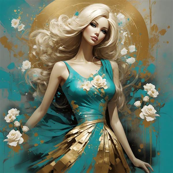 پرتره سه بعدی دختر زیبا با گل های فیروزه ای و طلایی در پس زمینه ای هنری