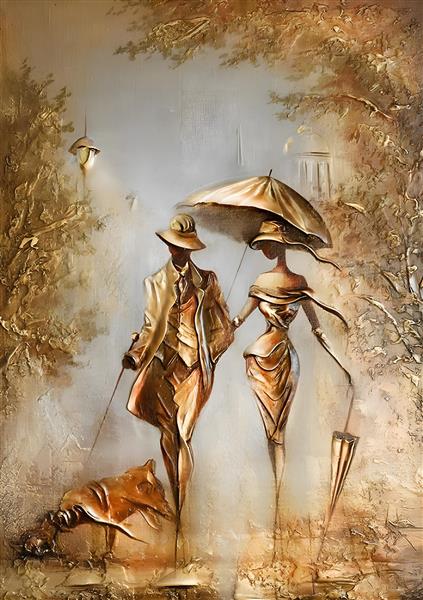 قدم زدن زیر باران طرح تابلو نقاشی لوکس و برجسته به سبک کووال استایل