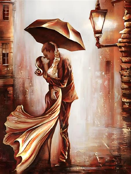 بوسه در باران طرح تابلو نقاشی لوکس و برجسته به سبک کووال استایل
