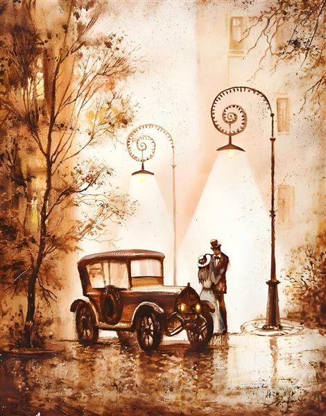 زوج و اتومبیل کلاسیک طرح تابلو نقاشی لوکس و برجسته به سبک کووال استایل