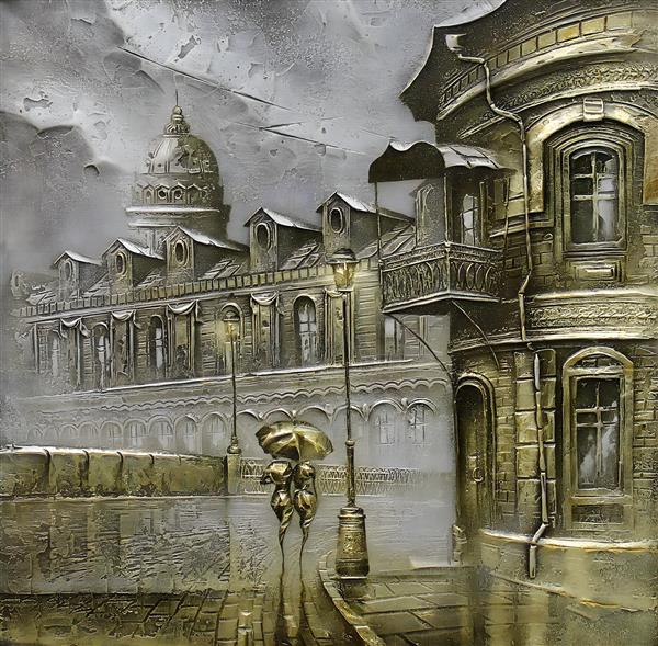 زیر باران قدم بزن طرح تابلو نقاشی لوکس و برجسته به سبک کووال استایل