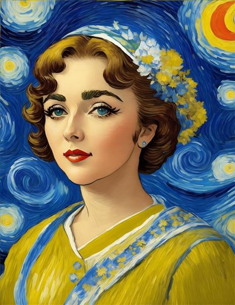 تصویرسازی دیجیتال زیبا از چهره الیزابت تیلور در سبک ونگوگ