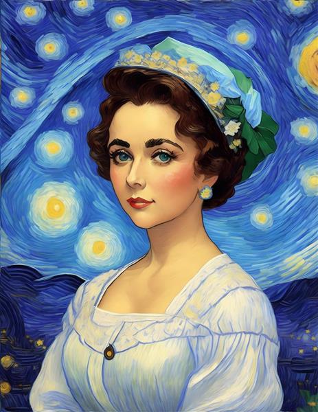 نقاشی دیجیتال زیبا از الیزابت تیلور در شب پر ستاره