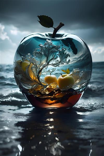 میوه سیب درون سیب شیشه ای روی آب