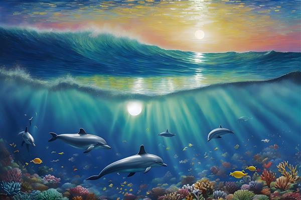 دلفین ها در اقیانوس و منظره غروب خورشید