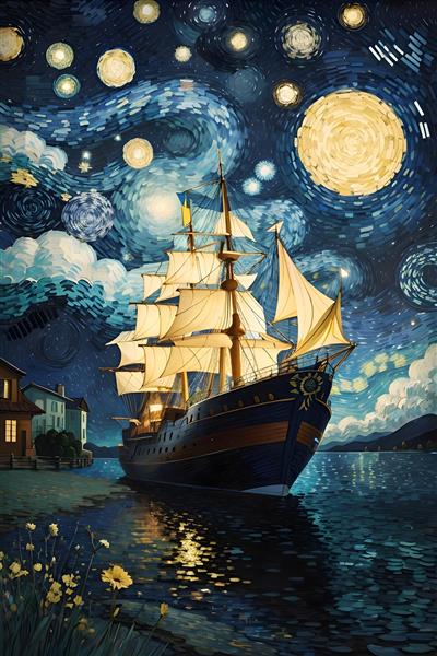 نقاشی کشتی در شب پرستاره به سبک ونگوگ