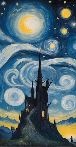 تصویرسازی دیجیتالی زیبا از قلعه تاریک در شب پرستاره