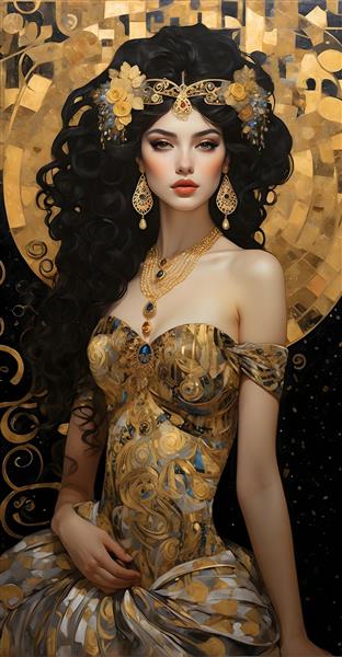 نقاشی دیجیتال زیبا و پرتره‌ای از زن طلایی‌پوش در سبک گوستاو کلیمت