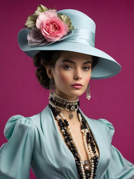 زن زیبا با کلاه گلدار و لباس قدیمی به سبک اروپایی