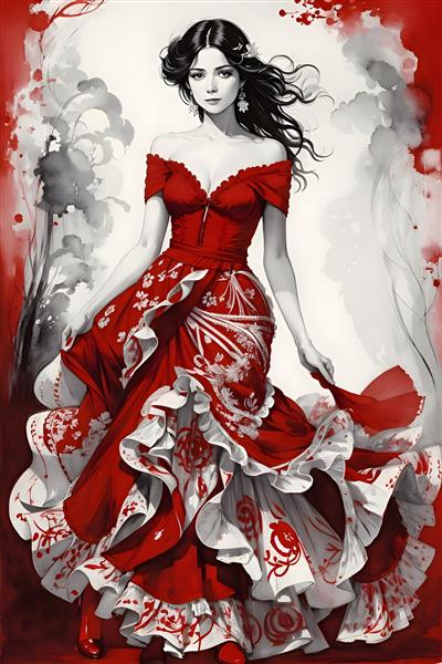 نقاشی آبرنگ زن زیبا با موهای بلند مشکی و لباس قرمز