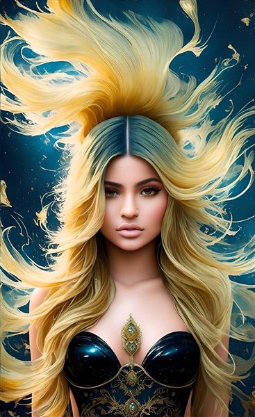 پوستر طراحی حرفه ای کایلی جنر با موهای بلند طلایی