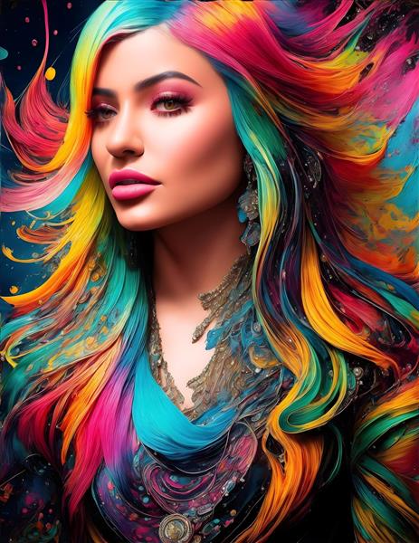 پوستر نقاشی دیجیتال کایلی جنر با موهای رنگی