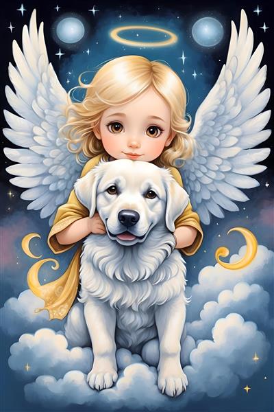 پوستر هنری زیبا از دختری با بال‌های فرشته و سگ در آسمان