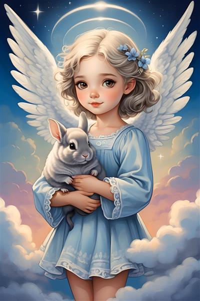 پوستر هنری منحصر به فرد از دختری با بال‌های فرشته و خرگوش