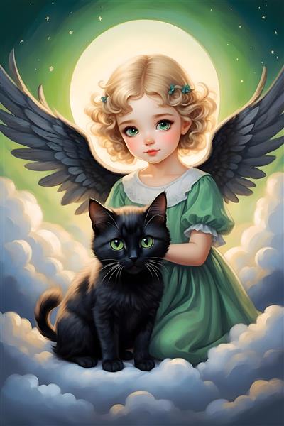 سبک هنری خیره کننده از دختری با بال‌های فرشته و گربه