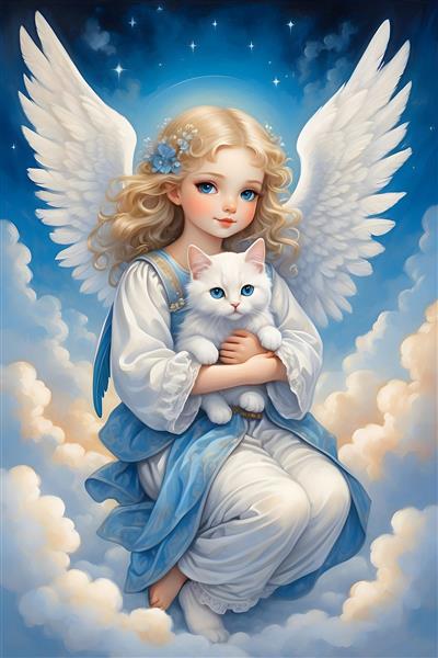 تصویرسازی دیجیتالی زیبا از دختر کوچکی با بال‌های فرشته و گربه در آسمان