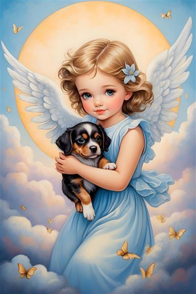 هنر دیجیتالی زیبا از دختری با بال‌های فرشته و سگ