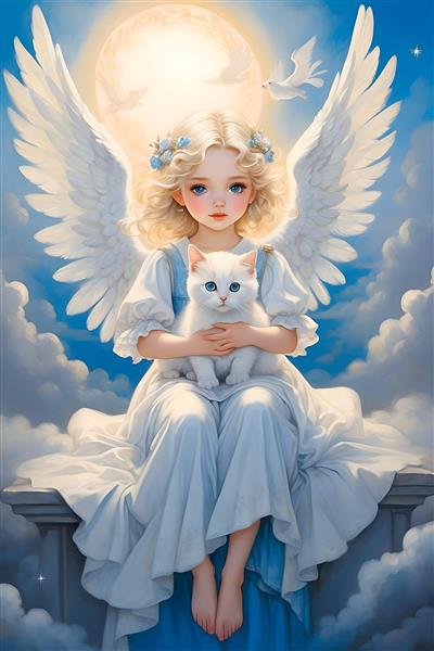 هنر دیجیتالی خیره کننده از دختری با بال‌های فرشته و گربه ملوس