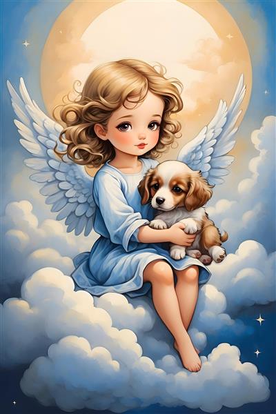 سبک هنری منحصر به فرد از دختری با بال‌های فرشته و سگ در ابرها