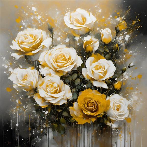 پوستر هنری گل رز سفید با رنگ طلایی