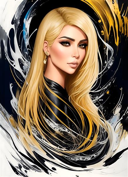 نقاشی دیجیتال کیم کارداشیان با موهای بلند طلایی