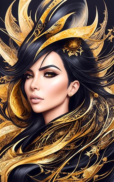 نقاشی دیجیتال جذاب و طلایی کیم کارداشیان با موهای بلند