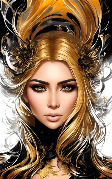 پوستر طلایی نقاشی دیجیتال کیم کارداشیان با موهای بلند