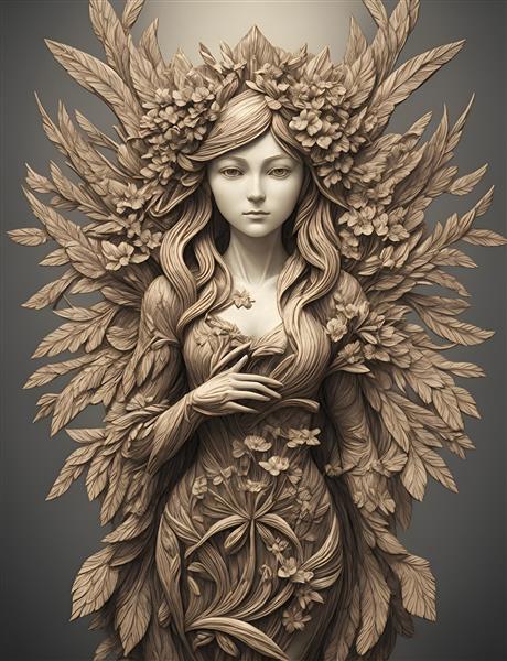 تصویرسازی دیجیتالی از مجسمه چوبی دختر گلدار