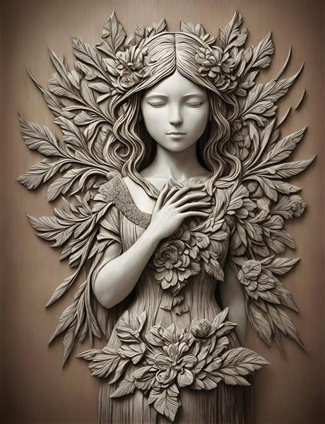 مجسمه چوبی دختر گلدار با سبک هنری