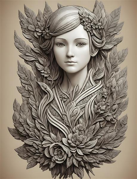 پوستر هنری دختر چوبی با گلهای خرده چوب