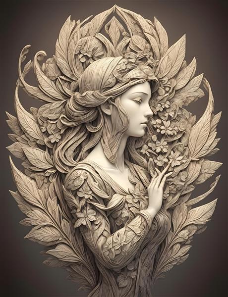پوستر هنری نقاشی دیجیتالی مجسمه فرشته بالدار چوبی