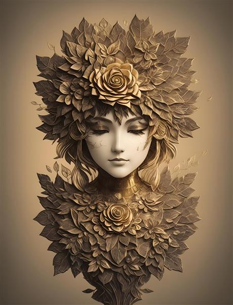 پوستر هنری تصویرسازی دیجیتالی مجسمه چوبی دختر گلدار