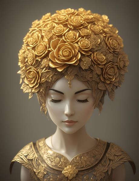 سبک هنری تصویرسازی دیجیتالی مجسمه چوبی دختر گلدار