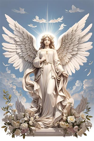 تصویرسازی مجسمه فرشته سفید با بالهای بزرگ و زمینه آسمان