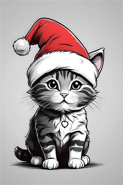 تصویرسازی گربه با کلاه کریسمس