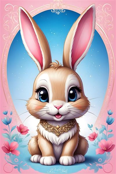 نقاشی دیجیتال جذاب خرگوش کارتونی بر روی پس‌زمینه آبی