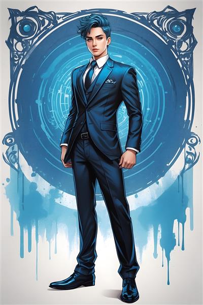 پوستر نقاشی دیجیتالی پسر سایبری با لباس رسمی در پس زمینه آبی جالب
