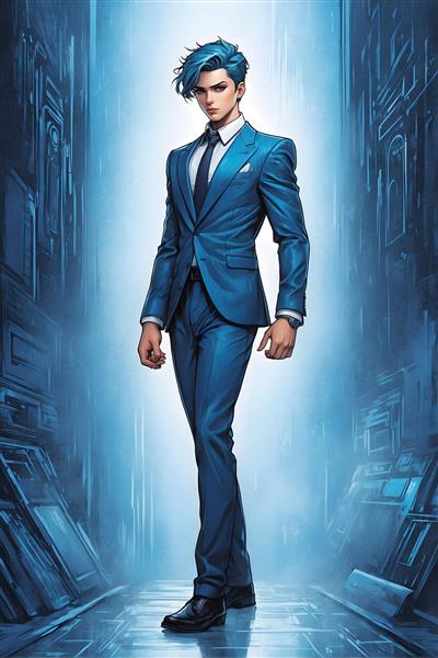 طرح جلد دفتر طرحی از پسر سایبری با لباس رسمی در پس زمینه آبی زیبا