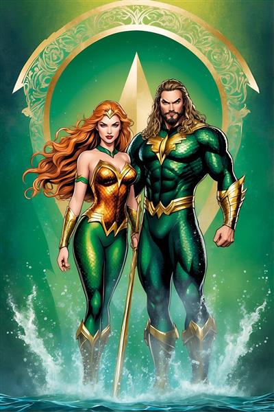 پوستر کارتونی آکوامن و مِرا، ابرقهرمانان طلایی در حال نجات جهان
