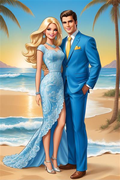 نقاشی دیجیتال زیبای باربی و کن در لباس رسمی در ساحل دریا