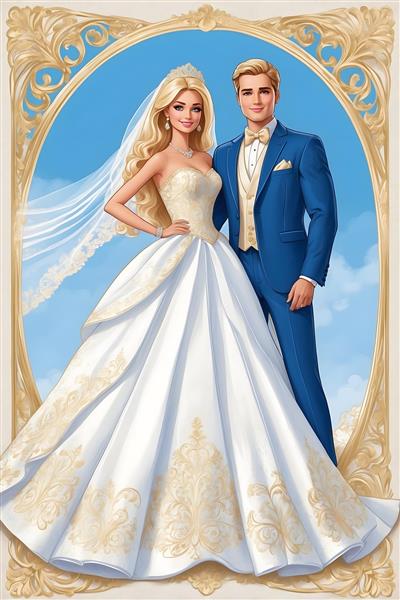 تصویر عروسی باربی و کن با زمینه طلایی