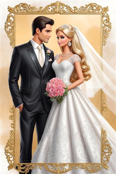 طرح جلد دفترچه عروسی کارتونی باربی و کن با زمینه طلایی