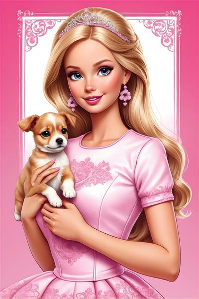 پوستر کارتونی باربی و توله سگ در زمینه صورتی