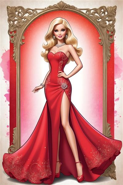 طرح جلد دفتر کارتونی باربی با لباس زیبا و زمینه قرمز