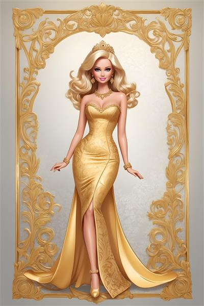 نقاشی دیجیتال باربی در لباس بلند و پس زمینه طلایی